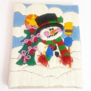 Holiday Snowman Needlepoint Crewel Embroidery Wall Art Ready To Frame Completed